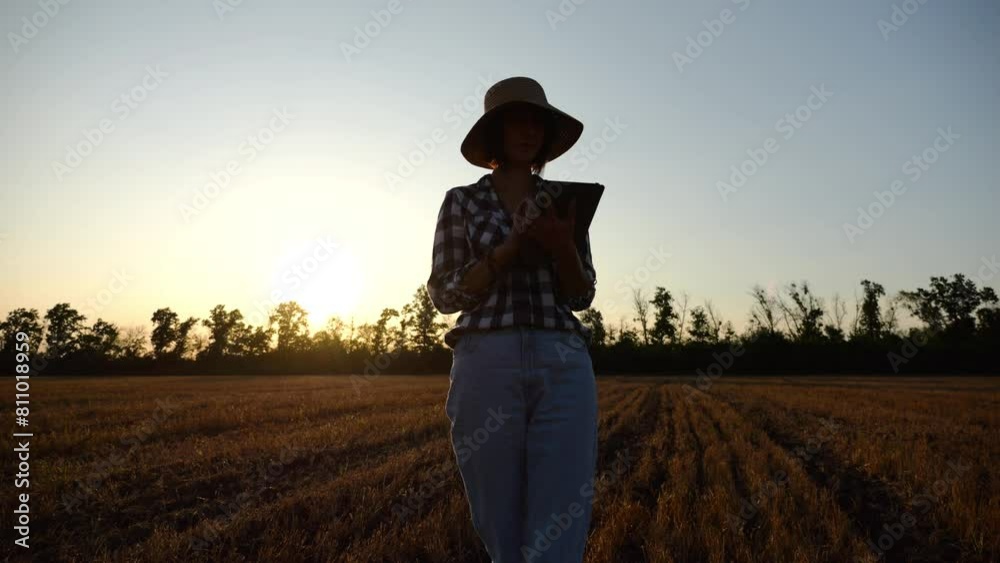 Female agronomist using digital tablet at wheat meadow at dusk. Farmer monitoring harvest at barley field at sunset. Beautiful scenic landscape. Concept of agricultural business. Slow motion Female agronomist using digital tablet at wheat meadow at dusk. Farmer monitoring harvest at barley field at sunset. Beautiful scenic landscape. Concept of agricultural business. Slow motion