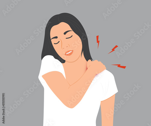 Beautiful young woman has fatigue and pain in her shoulder and neck muscles. Vector illustration.