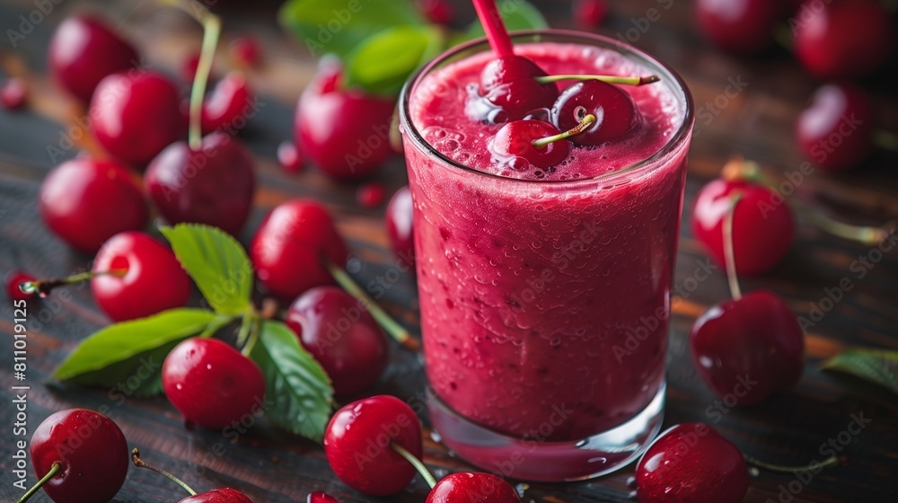 A glass of cherry smoothie on a wooden table background with copy space. A glass of cherry smoothie on a wooden table background with copy space.