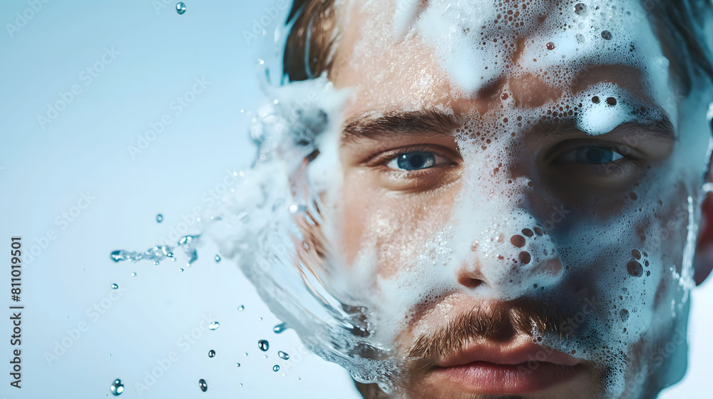Intense close-up of a man with foam on his face as water splashes across, showcasing detailed textures and his focused gaze, portraying a refreshing grooming moment