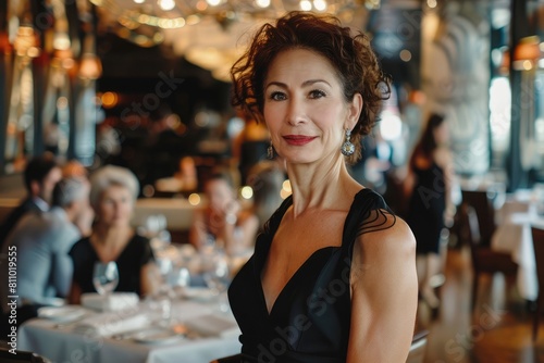 Editorial eye level waist-up shot of an elegant woman in her fifties with a slight smile wearing a black dress standing inside a luxury restaurant, 