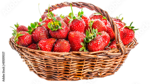 Rustic basket brimming with ripe organic strawberries casts a warm shadow on a sunny July afternoon isolated on a white background