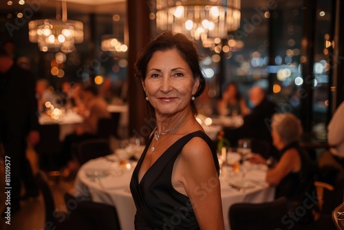 Editorial eye level waist-up shot of an elegant woman in her fifties with a slight smile wearing a black dress standing inside a luxury restaurant, 
