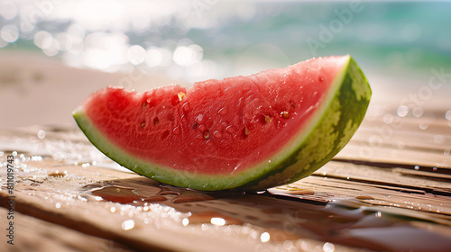 delicious slice of  red watermelon on wooden background in a summer sea, in the warm July sunlight 