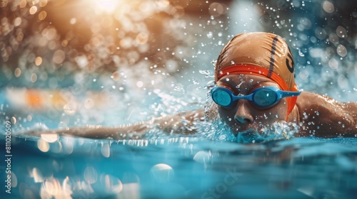 An athlete swimming in water with water splash in pool