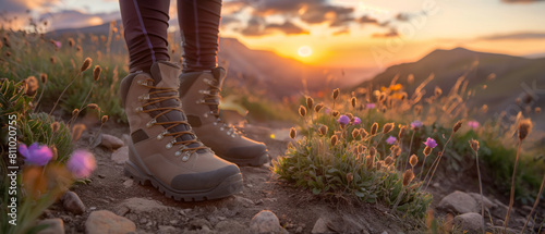 Trekking boots close-up on dirt trail. Hiker wearing trekking boots on a mountain trail at sunset with wildflowers.