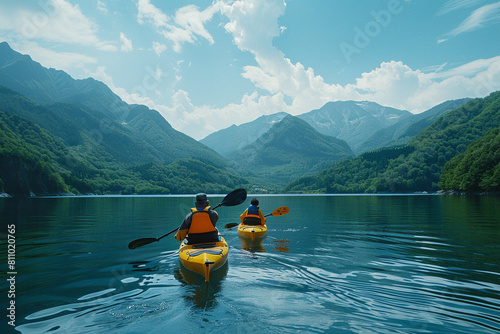 A father and son wearing life jackets kayak across a calm lake, surrounded by lush green mountains.