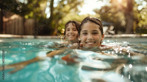 Portrait of smiling childern having fun in swimming pool