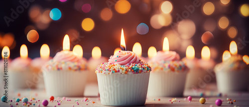 Beautiful Pink Cupcakes with Lit Candles on a Festive Background