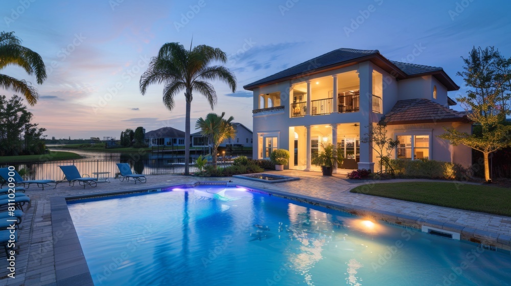 Swimming pool of a large mansion at dusk.