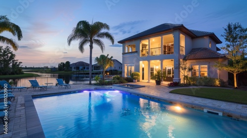 Swimming pool of a large mansion at dusk.