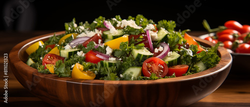 Healthy Fresh Vegetable Salad in Wooden Bowl