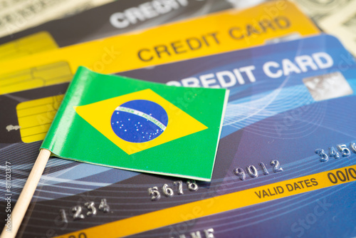 Credit card model with Brazil flag, financial investment economy business banking.