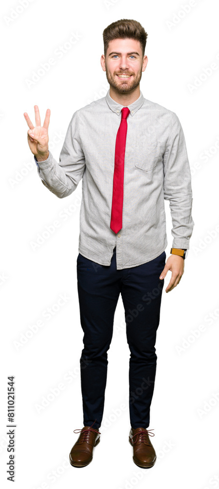Young handsome business man showing and pointing up with fingers number three while smiling confident and happy. Young handsome business man showing and pointing up with fingers number three while smiling confident and happy.