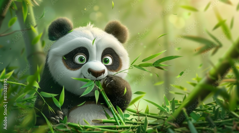 A cute panda with bamboo leaves in bamboo forest A cute panda with bamboo leaves in bamboo forest