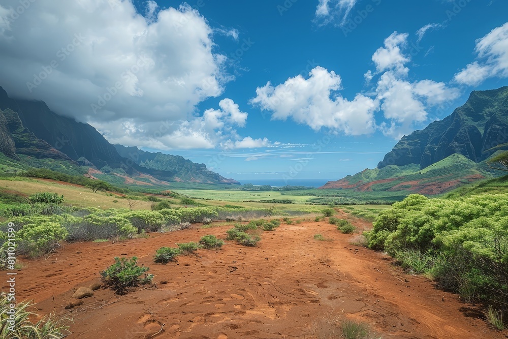 Vibrant red dirt path meandering through a lush green mountain valley with striking cliff formations under a bright blue sky with fluffy clouds. Vibrant red dirt path meandering through a lush green mountain valley with striking cliff formations under a bright blue sky with fluffy clouds.