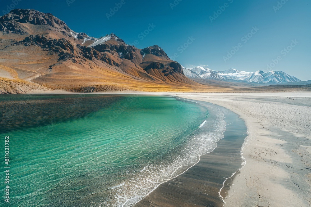 A breathtaking view of a pristine mountain lake with crystal clear turquoise waters, surrounded by rugged terrain and snow-capped peaks under a clear sky.