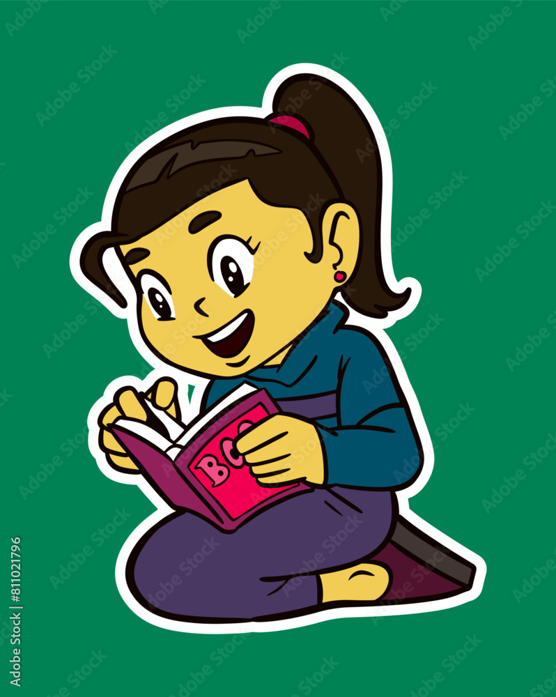 Girl Reading Book Doodle Sticker Illustration Girl Reading Book Doodle Sticker Illustration