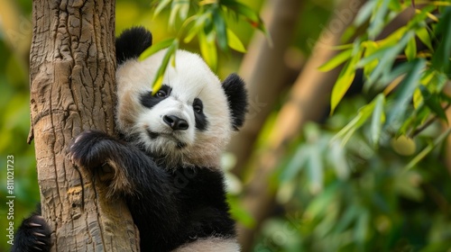 A panda bear on tree in wild forest.