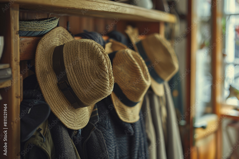 A father and son's hats hanging on a coat rack, with a warm home interior in the background.