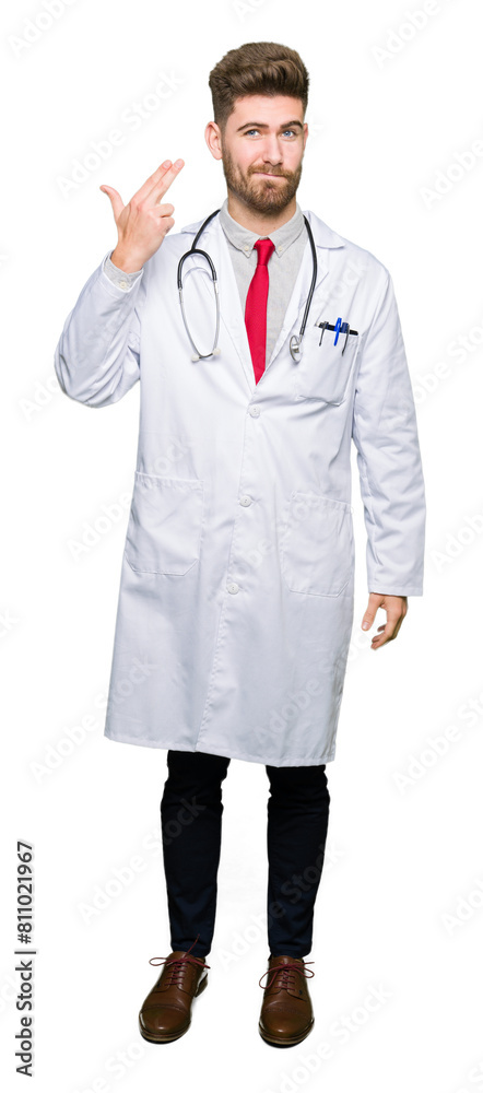 Young handsome doctor man wearing medical coat Shooting and killing oneself pointing hand and fingers to head, suicide gesture.