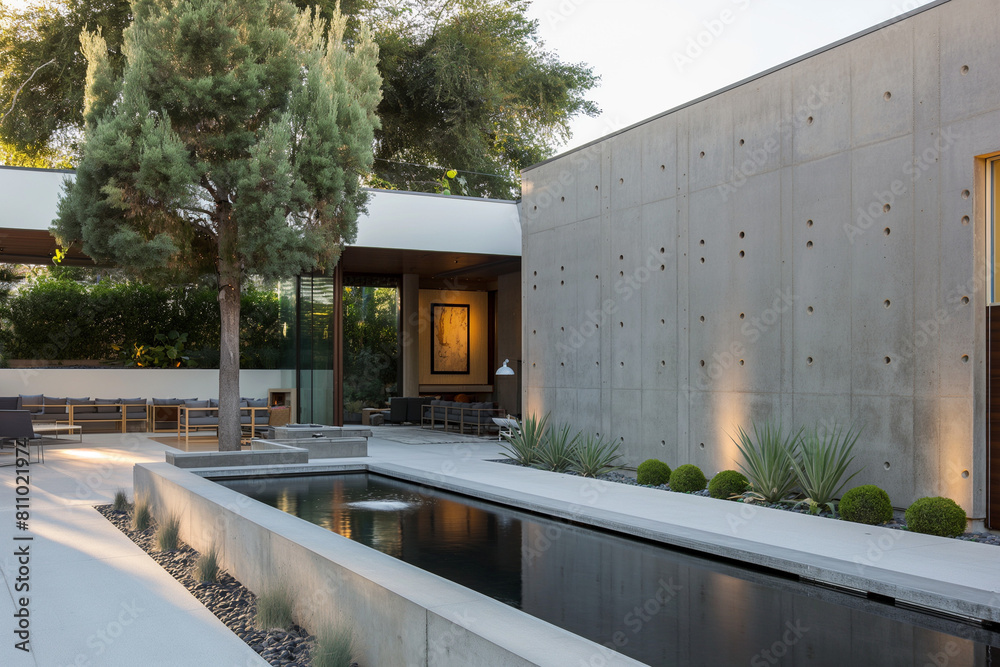pool in the outside of the house, The concrete wall, with its raw and minimalist aesthetic, adds a touch of urban sophistication to the outdoor space, setting the stage