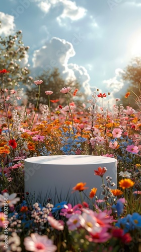 empty white podium on summer beautiful flower meadow background, for product presentation, copy space