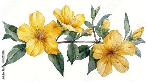 Watercolor illustration of Carolina Jessamine featuring underwater elements. Modern nautical illustration for greeting cards, printing, and other creative projects. photo