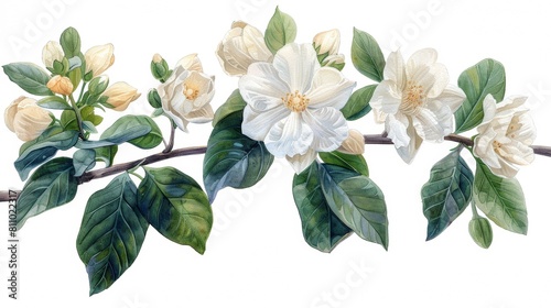 Illustration of Asian Jasmine painted in watercolor. Design element of hand-drawn underwater life. Modern graphic for greeting cards, printing, and other projects.