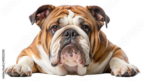 "Relaxed Bulldog Posing": A relaxed Bulldog striking a pose against a white backdrop, displaying its iconic wrinkled face and laid-back attitude.