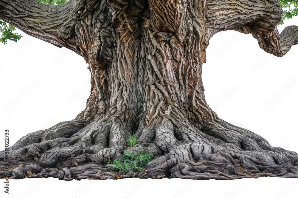 A large tree with a trunk that is covered in bark and has a lot of roots on a transparent background. A large tree with a trunk that is covered in bark and has a lot of roots on a transparent background.