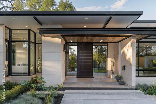 entrance to an building, The entrance to the modern home is a focal point of elegance and sophistication, featuring a sleek front door framed by expansive windows and minimalist architectural details