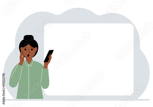 A woman looks at a mobile phone. Reads SMS, news or social networks. Large white sheet for text. Vector flat illustration