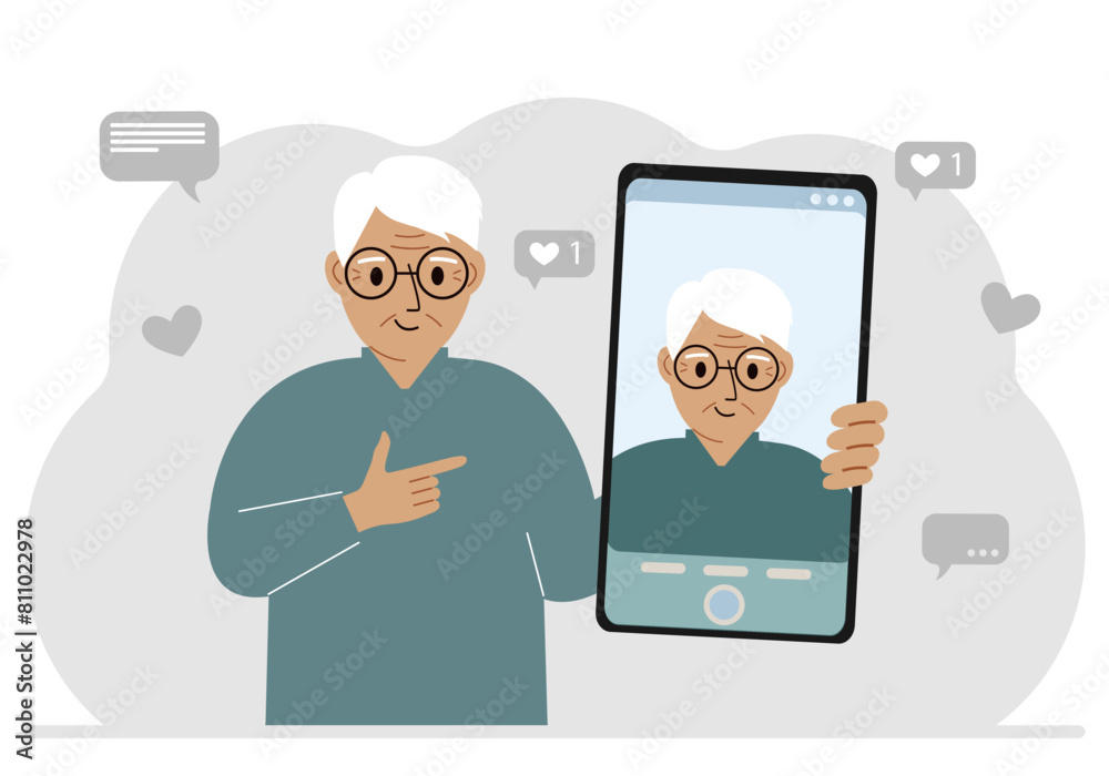 A male video blogger records or watches a video or photo on a smartphone. Various social media icons. Vector flat illustration A male video blogger records or watches a video or photo on a smartphone. Various social media icons. Vector flat illustration