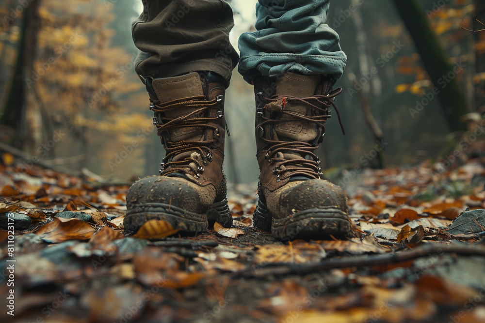 A father and daughter's hiking boots at the start of a forest trail.