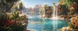 A tranquil, vibrant oasis in a desert, showcasing a harmonious balance of water and flora, suitable for an adventure game setting or a travel agency advertisement.