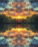 Blissful sunrise over a serene lake, reflecting an opulent kaleidoscope of colors, perfect for a nature photography series or a tranquil living space mural.