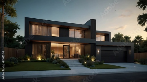 Modern house with warm evening light illuminating the facade. Generative AI