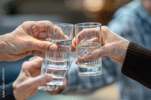 hand holding glass of water, The hands holding the glasses are a blur of movement, their gestures animated with excitement and camaraderie photo