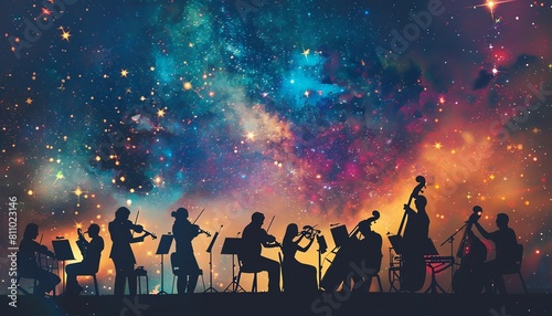 Symphony concert under the stars, with musicians outlined in silhouette against a crystalclear night sky, the stage illuminated by a spectrum of stage lights, perfect for a cultura photo