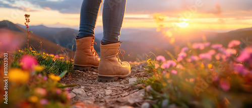 Trekking boots close-up on dirt trail. Hiker wearing trekking boots on a mountain trail at sunset with wildflowers.