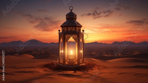 A magical Islamic Ramadan celebration lantern perched on a cliff overlooking a vast desert