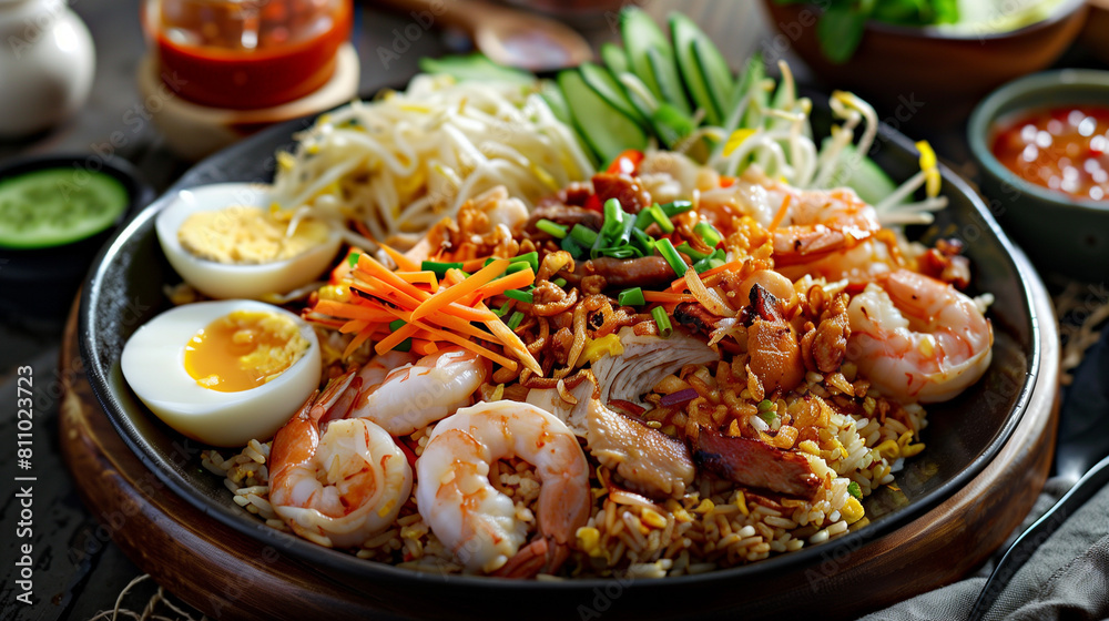 Savory Nasi Goreng: Traditional Indonesian Fried Rice with Fresh Shrimp on Plate Savory Nasi Goreng: Traditional Indonesian Fried Rice with Fresh Shrimp on Plate
