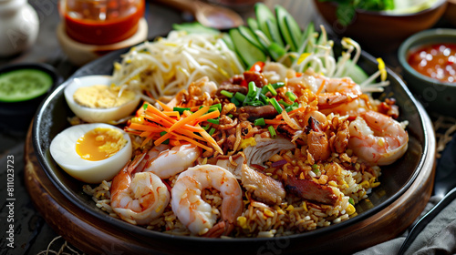 Savory Nasi Goreng: Traditional Indonesian Fried Rice with Fresh Shrimp on Plate photo