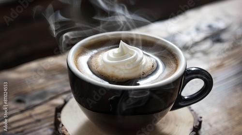 A steaming cup of lungo coffee with a frothy crema, super realistic photo