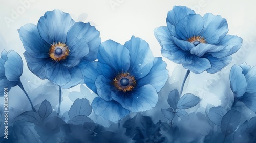 Stylish seamless water color pattern of a blue flower. Suitable for beauty products or any other type of product that needs a soft pastel color... photo