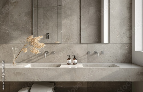 Minimalist wastafel with two square mirrors above an elegant marble double sink, showcasing neutral tones and clean lines for modern home decor