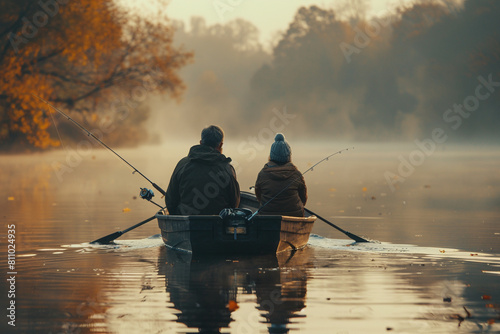 A father-daughter team fishing at dawn, their rods propped up against the side of a small rowboat. The soft morning light casts a gentle glow on the rippling water.