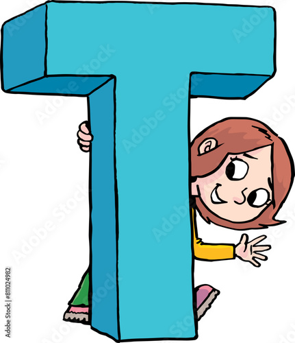 girl is hiding behind the capital letter T