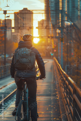 A commuter biking across a city bridge at sunrise with the city waking up in the background. © ChubbyCat